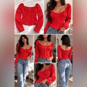 Large Pheasant crop top Lady bug red/orange button down long sleeve Free people